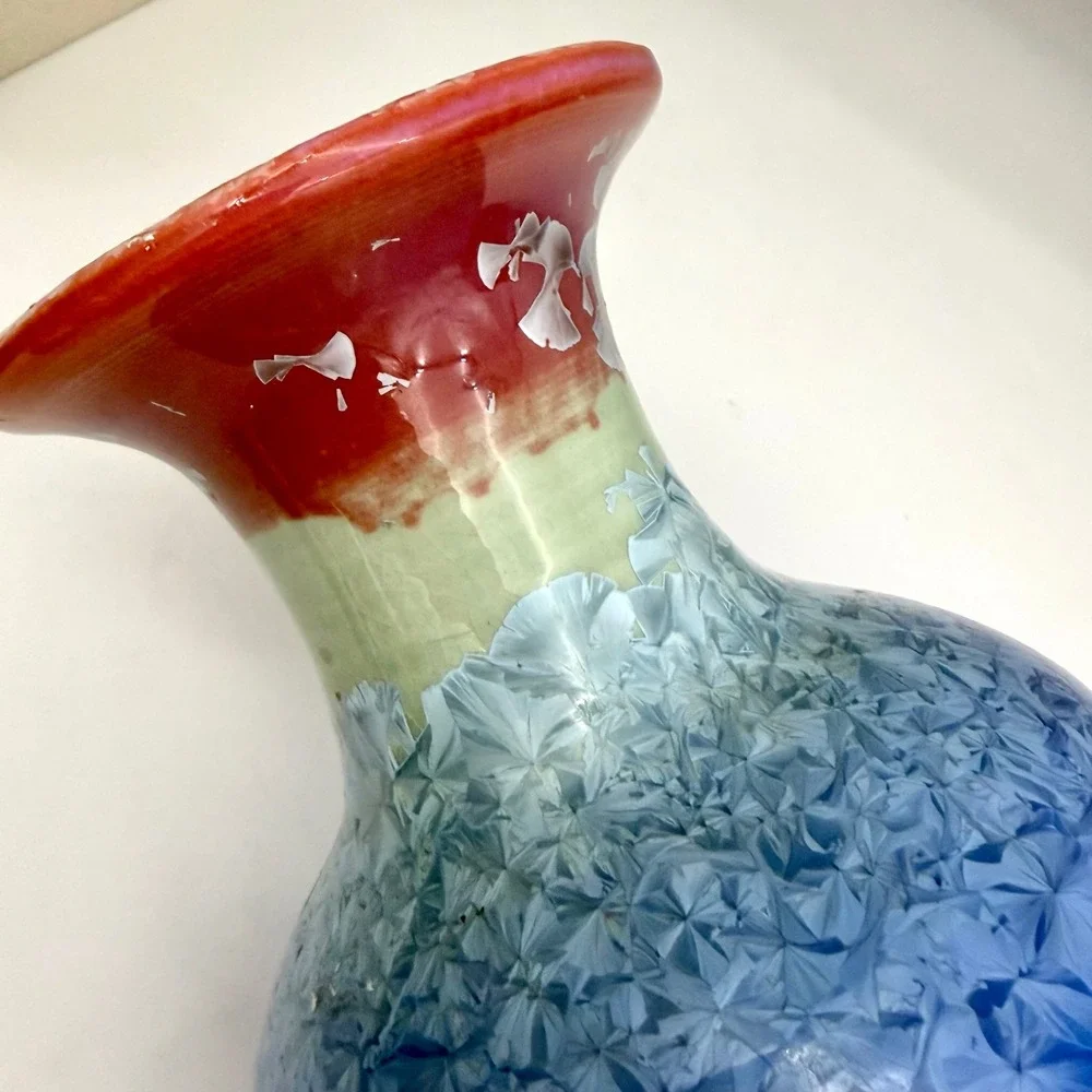 Jingdezhen Home Vase 12in Ceramic Crystalline Glaze Blue Red Flared